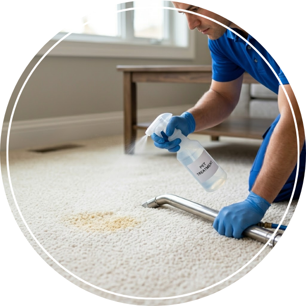 A professional using stain remover on a carpet