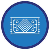 A symbol of an area rug inside of a two-tone blue cirlce