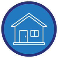 A symbol of a house inside of a two-tone blue cirlce
