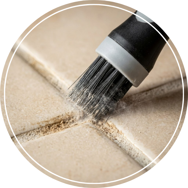 Macro photograph showing a grout cleaning brush scrubbing a embedded dirt from a porous grout line between two beige floor tiles.