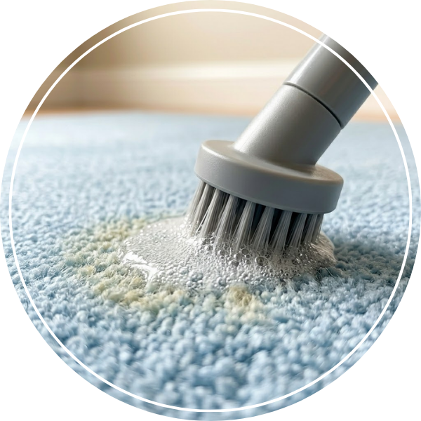 detailed close-up shot focused on a specialized handheld agitation tool working an effervescent, clear cleaning gel into a subtle yellowish pet stain on light blue carpet fibers, emphasizing molecular breakdown of odors.