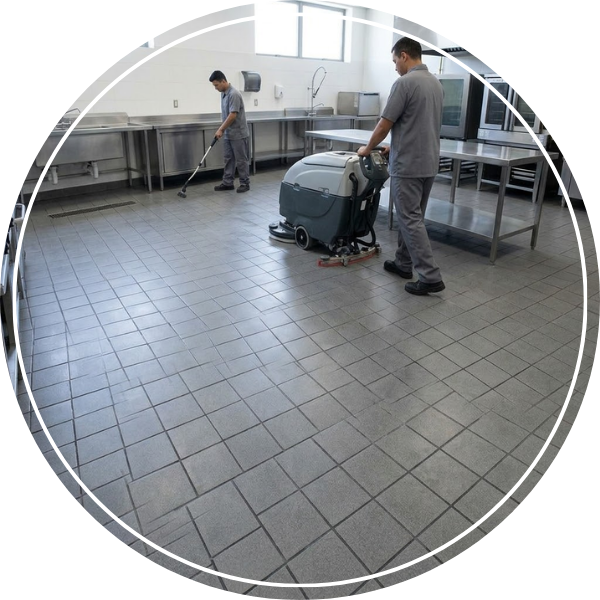 A wide photograph of a commercial kitchen maintenance scene where a technician in neutral uniform operates a walk-behind scrubber on industrial gray quarry tiles, next to stainless steel prep tables.