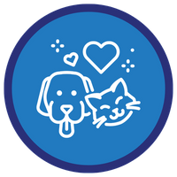 A symbol of a cat and dog and a heart inside of a two-tone blue cirlce