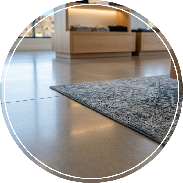 A retail store with an ornate area rug