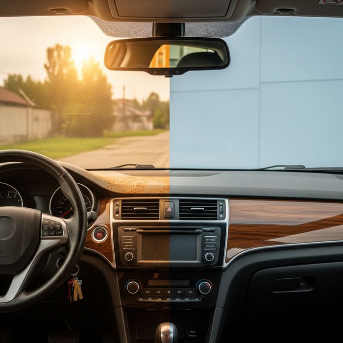 A car dashboard partially protected from sun damage by UV-blocking window tint.