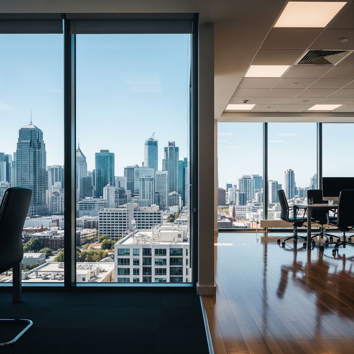 The glare-free view of a city skyline from inside an office with tinted windows.