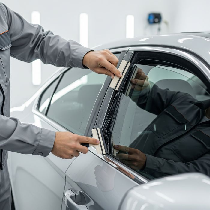 A professional technician carefully applying auto window tint film to a car window.