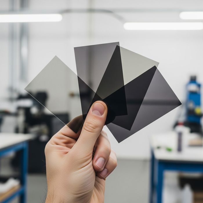  A hand displaying four different samples of auto window tint film.