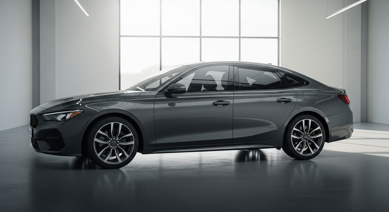 A modern sedan with professional auto window tinting in a well-lit garage.