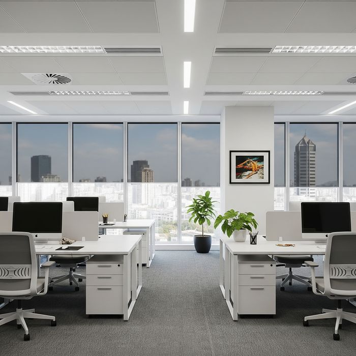  stylish and modern office interior where tinted windows are a key design feature.