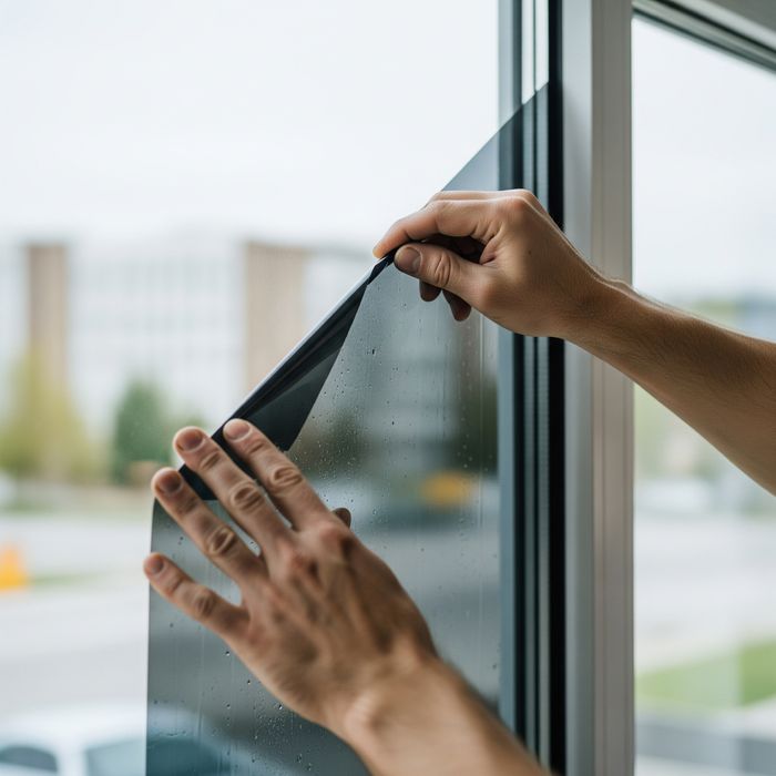 A professional technician carefully applying tinting film to a large office window.