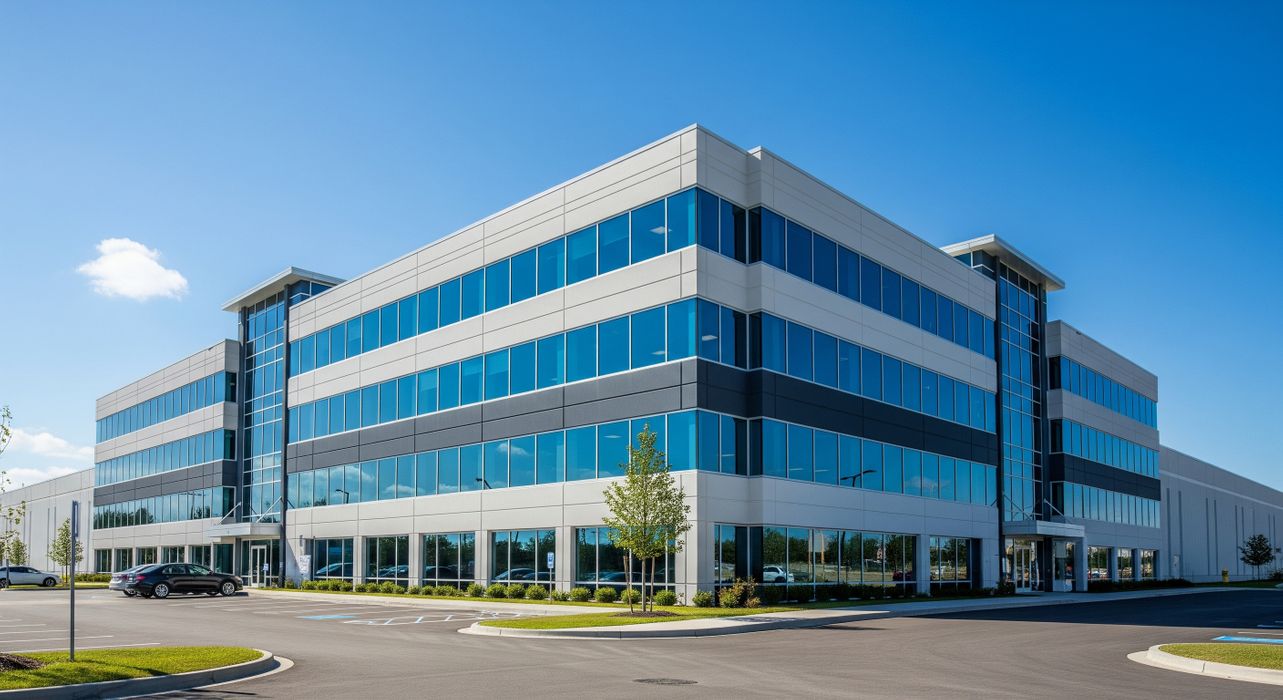 A modern commercial building with professionally installed reflective window tinting.
