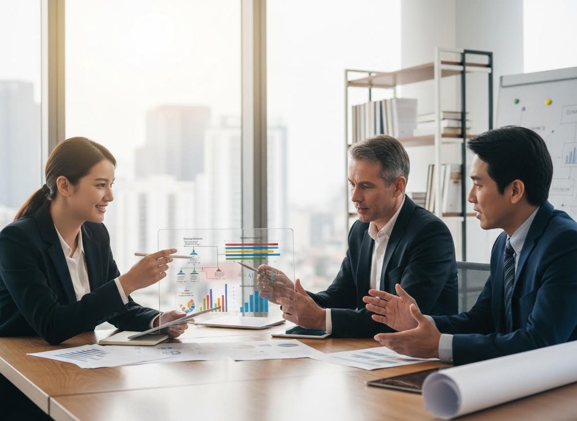 Business professionals analyzing data on transparent screen