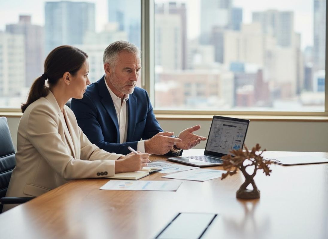 Two colleagues, a man and a woman, discuss data on a laptop in a modern office with a city view. The man points at the screen while the woman takes notes. Business professionals collaborating on laptop data in an office