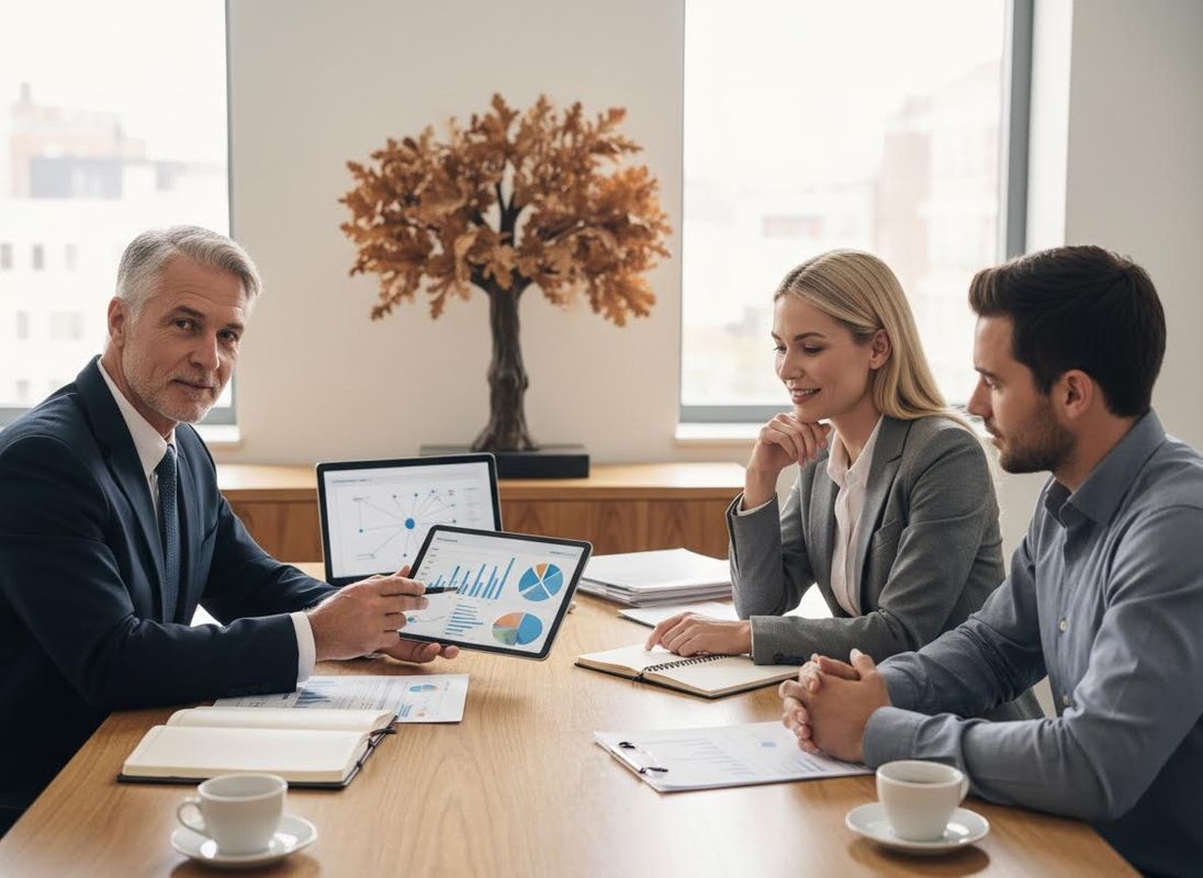 Three professionals, including a man presenting charts on a tablet, discuss business analytics in a modern office meeting. Business Team Reviewing Data on Tablet