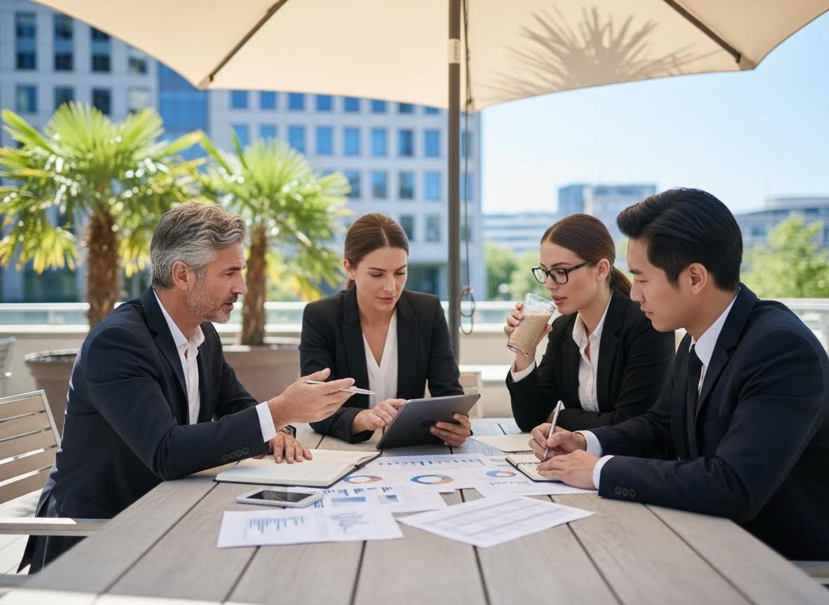 Business team collaborating outdoors on a patio