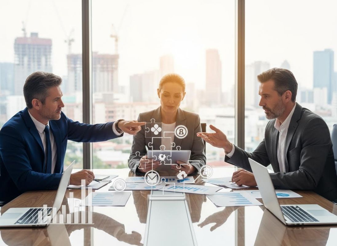 Three business professionals actively discuss solutions in a modern office, featuring holographic puzzle pieces and data visualizations. Business Team Discussing Strategy with Digital Overlays