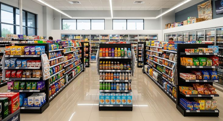 A brightly lit, modern convenience store interior at a gas station, showcasing clean aisles and well-stocked shelves.