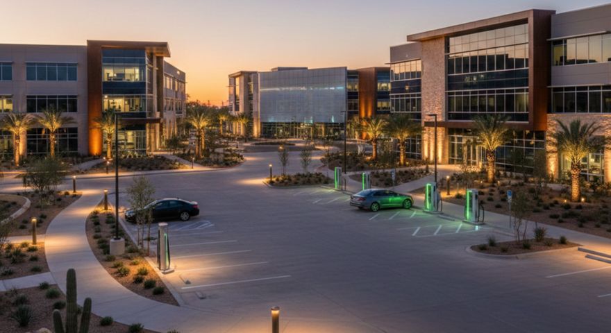 Modern office park with illuminated EV charging stations at dusk.
