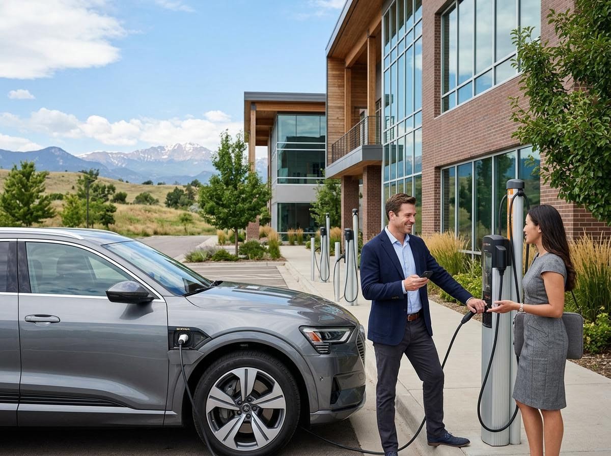 Man and Woman Charging EV at Office