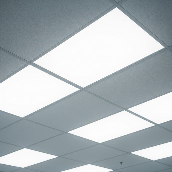 A close-up of modern, energy-efficient LED panel lights on the ceiling of a commercial building.