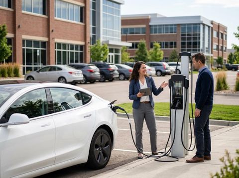 A woman with a tablet gestures to an electric vehicle charging station while speaking to a man, with a white EV charging nearby. Businesspeople Discussing EV Charging at an Office Building