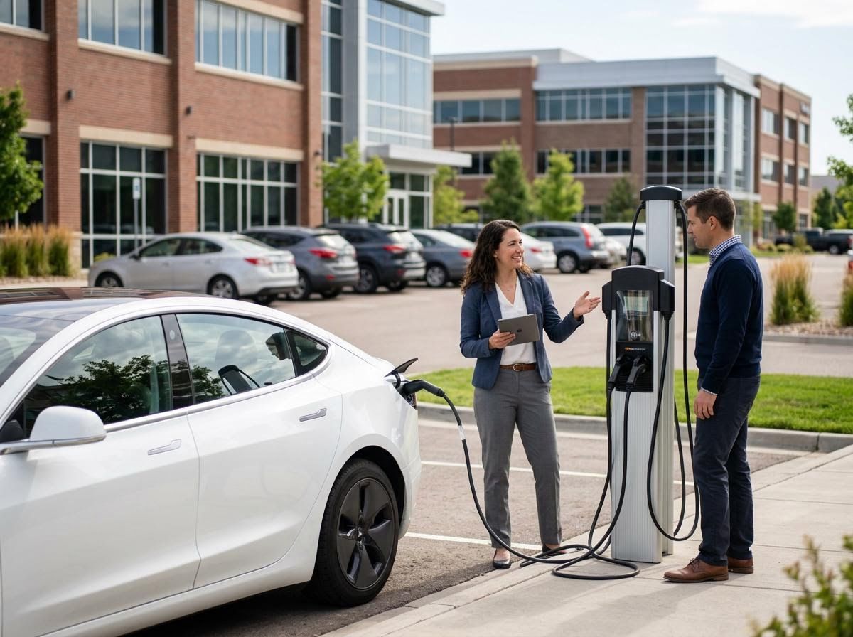 Businesspeople Discussing EV Charging at an Office Building