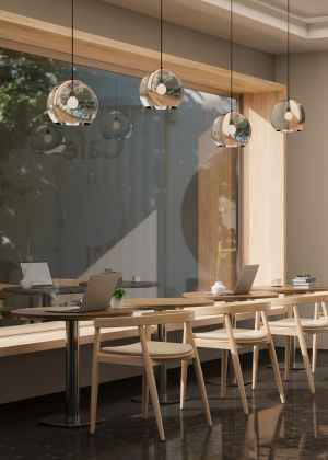 Cafe interior with modern pendant lights
