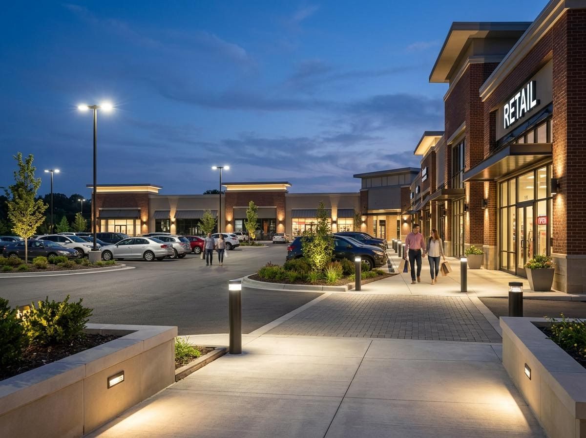 Modern Retail Shopping Center at Dusk