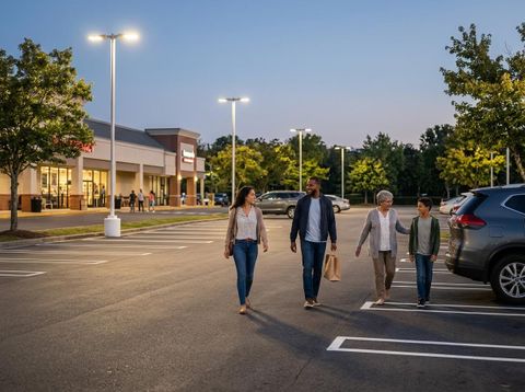 Family walking through a brightly lit parking lot at dusk