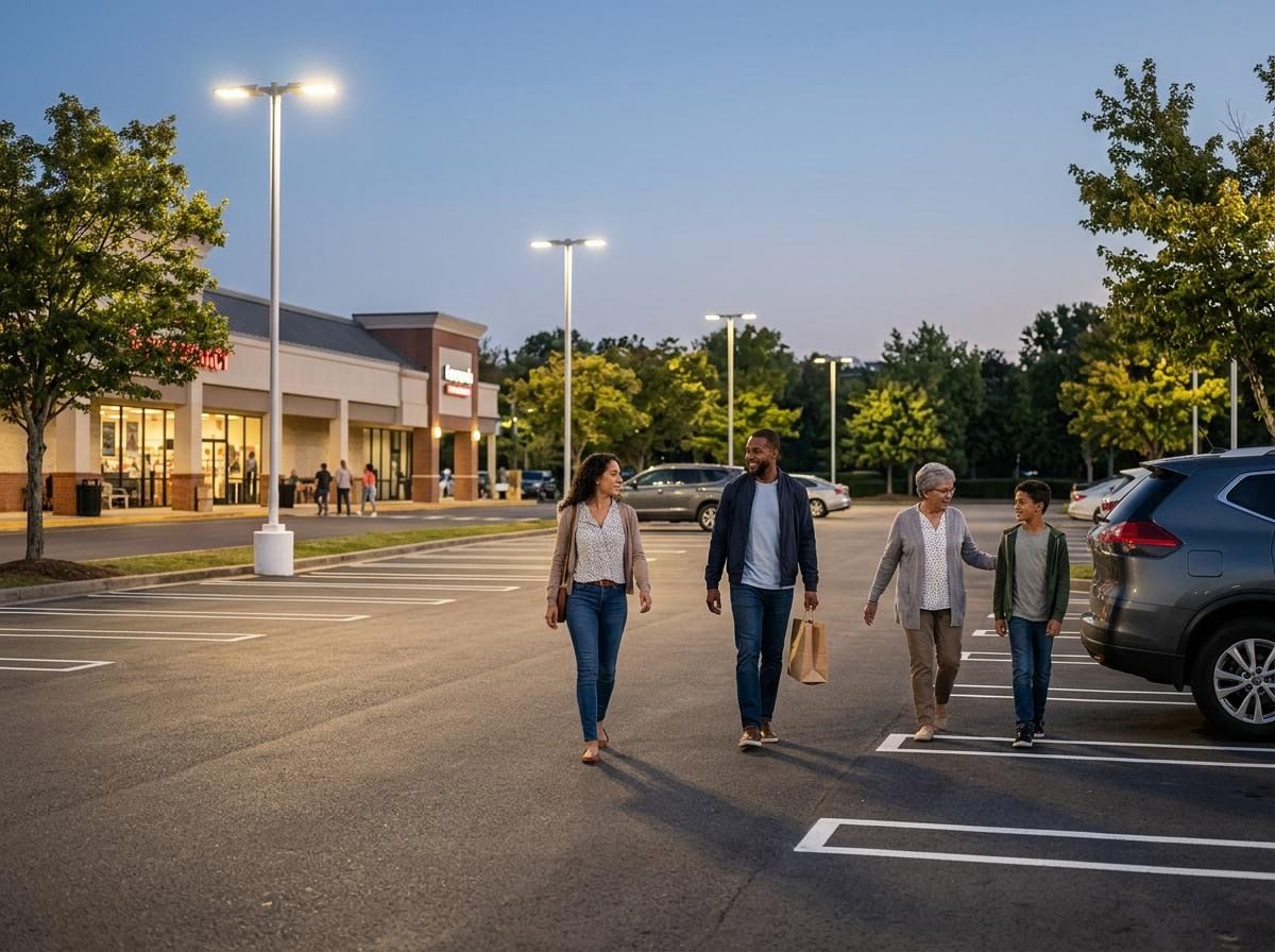 Family walking through a brightly lit parking lot at dusk