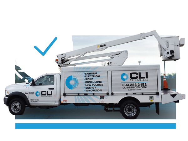 Colorado Lighting, Inc. Services Bucket Truck with a shield and checkmark in the background