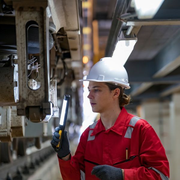 Worker in red coveralls inspecting machinery with a flashlight.