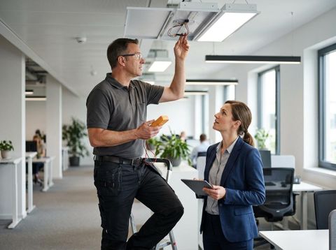 Electrician and businesswoman repairing office light