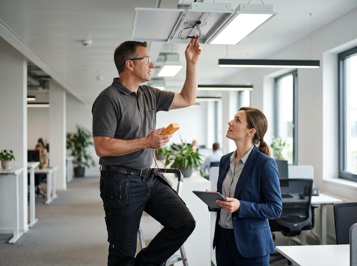 Electrician and businesswoman repairing office light