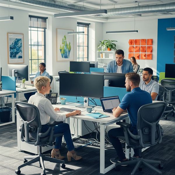 A well-lit and productive modern office space. A well-lit and productive modern office space.