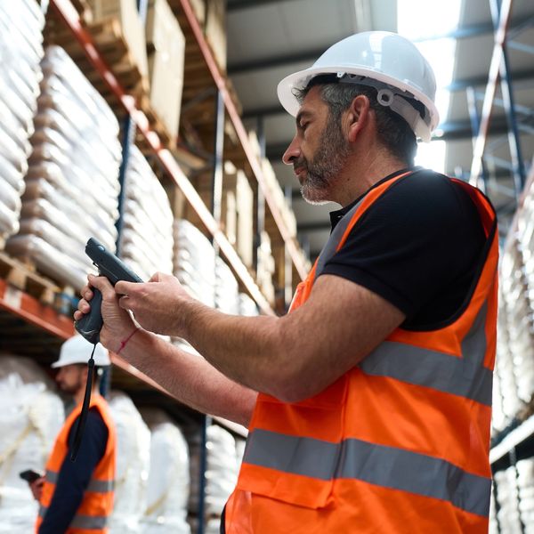 Warehouse worker using a handheld scanner to check inventory.