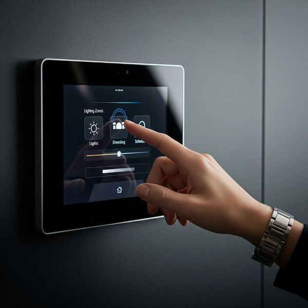 A person using a smart control panel to manage energy-efficient lighting. A person using a smart control panel to manage energy-efficient lighting.
