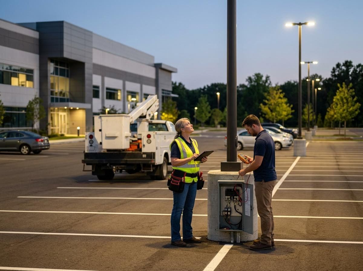 Electricians Inspecting Parking Lot Lighting at Dusk