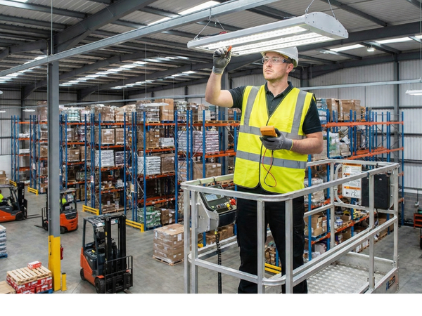 A technician in proper PPE inspecting commercial lighting fixtures with a lift in a warehouse