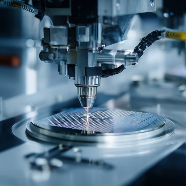 Automated precision machine processing a silicon semiconductor wafer.