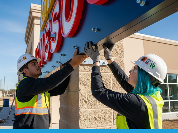 Two people hold a business sign as it's being installed Two people hold a business sign as it's being installed