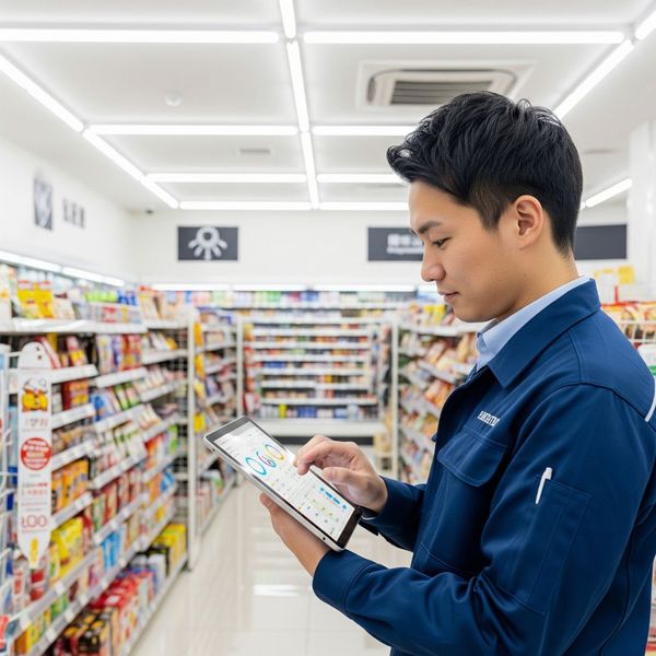 A lighting specialist in a uniform reviewing charts on a tablet, with the bright, clean interior of a convenience store in the background.