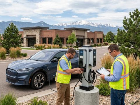 Two men in safety vests connect a blue Ford Mustang Mach-E to a new electric vehicle charging station against a mountain backdrop. Two Technicians Setting Up an EV Charging Station