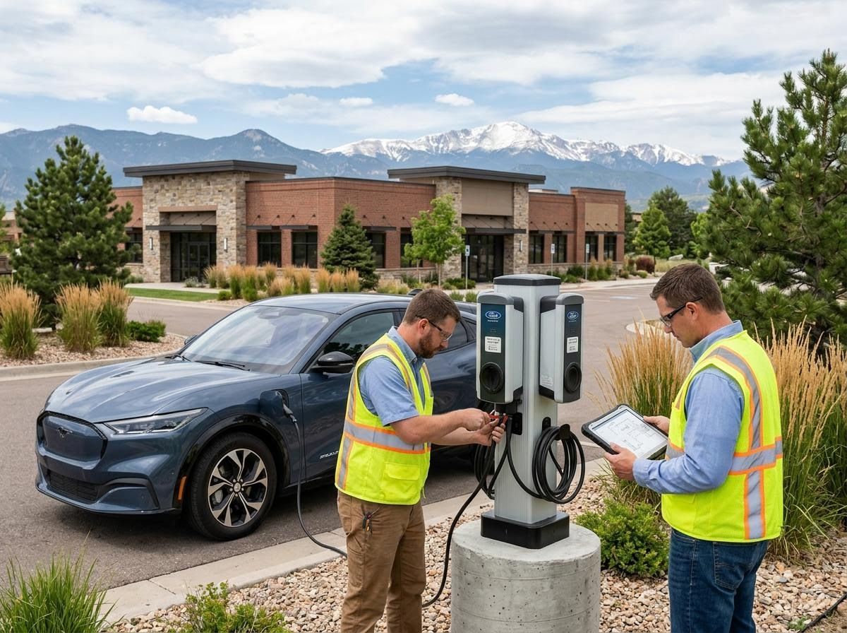Two Technicians Setting Up an EV Charging Station