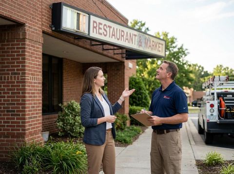 A woman discusses an outdoor 'Restaurant & Market' sign with a male service technician holding a clipboard, next to a brick building and service truck. Restaurant sign consultation