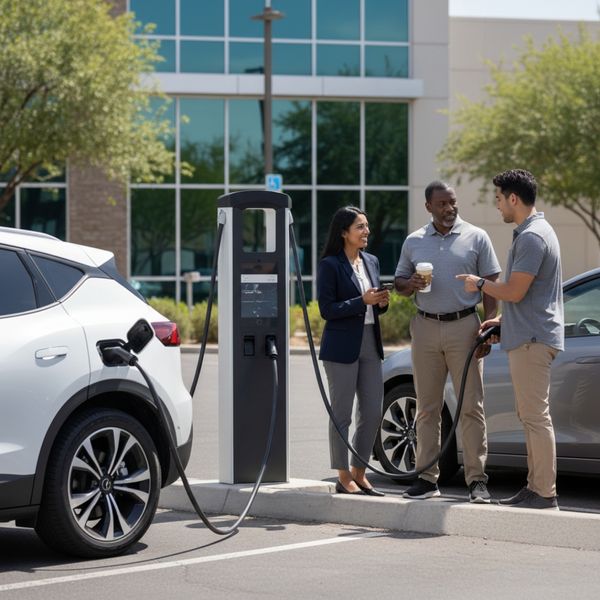 Professionals talking near an electric vehicle charging station.