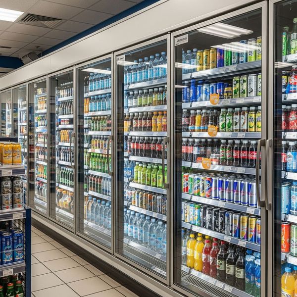 A clean and brightly lit beverage aisle in a convenience store, with fully stocked refrigerators.