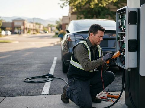A technician wearing a reflective vest kneels, using a multimeter to service an open EV charging station. An electric car is parked nearby. Technician servicing an electric vehicle charging station
