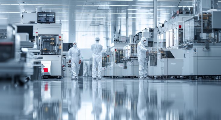 Technicians in cleanroom suits working in a semiconductor factory.